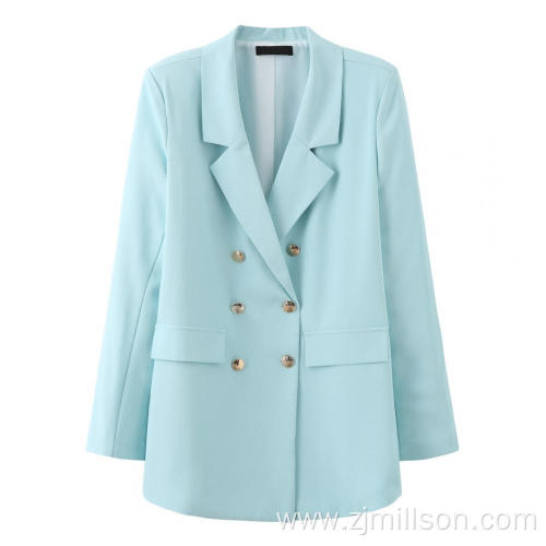 Women Blue Button Turn Down Collar Blazer